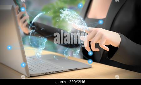 Businesswoman touching a virtual earth. Concept of internet. Digital network. 3D Rendering Stock Photo