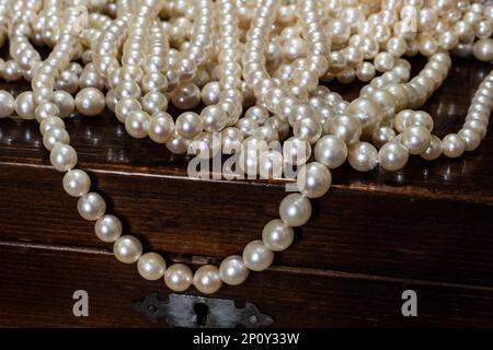 pearl necklaces placed on a box Stock Photo