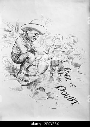 Theodore Roosevelt - Cartoon About The 'River of Doubt', 1914. Roosevelt and his son Kermit made an expedition into the Amazon Basin in Brazil to explore and map the area of the River of Doubt, later renamed Rio Roosevelt in honour of the President. Father and son both contracted malaria during the expedition. Stock Photo