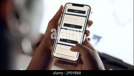 Job search, smartphone screen and hands on recruitment website, we are hiring or hr software on mobile app. Ux design, Human Resources marketing or Stock Photo