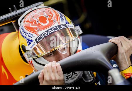 BAHRAIN - 03/03/2023, BAHRAIN - Max Verstappen (Red Bull Racing) during the first free practice session at the Bahrain International Circuit in the Sakhir desert area ahead of the Bahrain Grand Prix. ANP SEM VAN DER WAL Stock Photo