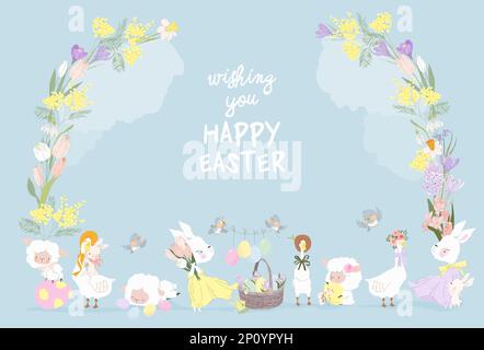 Easter Card with Cute White Bunnies, Sheep, Wreath of Flowers and Easter Eggs Stock Vector