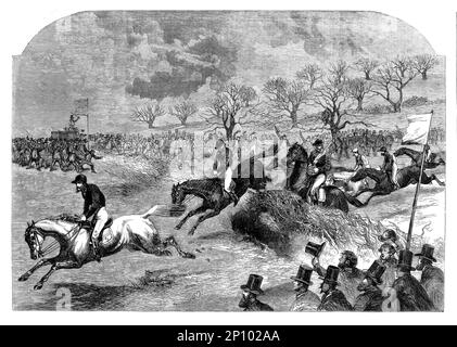 The excitement and action of the Grand Military Gold Cup horse race, during the Northampton Steeple Chases of 1860, drawn by the British artist Harrison William Weir (1824-1906) Stock Photo