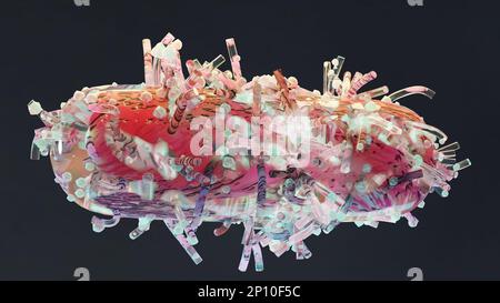 Peritrichous Bacteria with lot of flagellum, bacteria with long tails and thin villi moving in the black environment, viruses floating in the liquid s Stock Photo