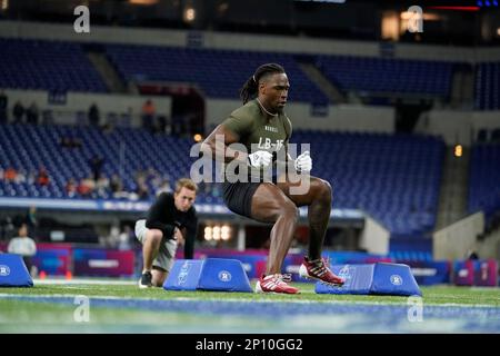 Indiana linebacker Cam Jones runs a drill at the NFL football scouting ...