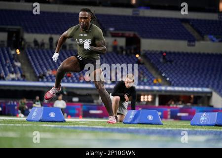 Indiana linebacker Cam Jones runs a drill at the NFL football