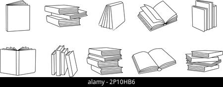 Books outline sketch set. Bookstore, library line symbols. Pile of books silhouettes. Closed and open books. Library, book shop icons. Stock Vector