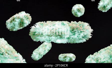 Peritrichous Bacteria with lot of flagellum, bacteria with long tails and thin villi moving in the black environment, viruses floating in the liquid s Stock Photo