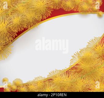 Template design with blank area, red labels decorated with yellow mimosa flowers. Stock Vector