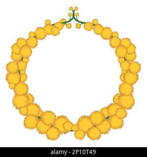 Yellow wreath made with mimosa flowers and its branches. Design in cartoon style and white background. Stock Vector
