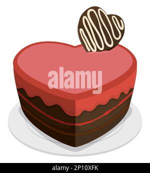 Heart-shaped cake with red cover and chocolate candy on top over plate. Design in cartoon style over white background. Stock Vector