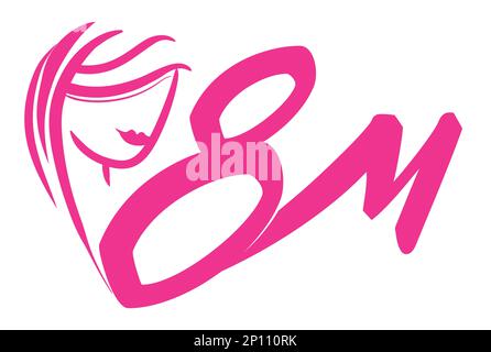 Pink design commemorating Women's Day with a woman's face joined to 8M, to celebrate it this 8th March. Stock Vector