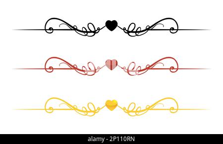 Set with three decorations with heart and lines: one in dark silhouette, pink version in cartoon style and the other golden in gradient effect. Stock Vector