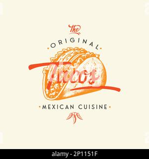 Hand drawn logo tacos silhouette and modern vintage typography retro style vector illustration. Taco tortilla label for fast food packaging and Stock Vector