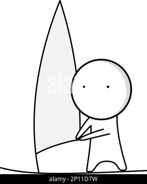 A black and white line drawing of a man holding a surfboard. Stock Vector