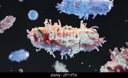 Peritrichous Bacteria with lot of flagellum, bacteria with long tails and thin villi moving in the black environment, viruses floating in the liquid s Stock Photo