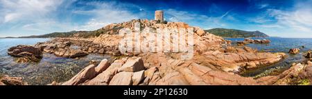 Budello tower, ancient watchtower, in Porto Budello Teulada, panoramic view on spring. Stock Photo