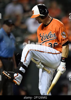 Baltimore Orioles catcher Caleb Joseph (36) bats in the sixth inning  against the New York Yankees at Oriole Park at Camden Yards in Baltimore,  MD on Sunday, April 9, 2017. The Yankees