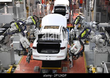 (230303) -- GUANGZHOU, March 3, 2023 (Xinhua) -- Robots install car tires at the workshop of GAC Aion, an NEV subsidiary of Guangzhou Automobile Group Co., Ltd. (GAC Group), in Guangzhou, south China's Guangdong Province, Feb. 24, 2023. Guangzhou, one of China's major car manufacturing bases, has been striving to attract investment in NEV industry in recent years. (Xinhua/Deng Hua) Stock Photo
