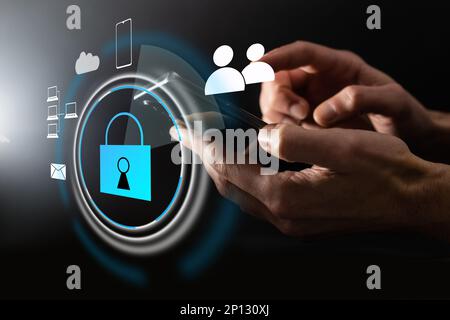 Cyber security and futuristic technology concept businessman using finger to touch fingerprint interface,to scan password,with technology icons and Stock Photo
