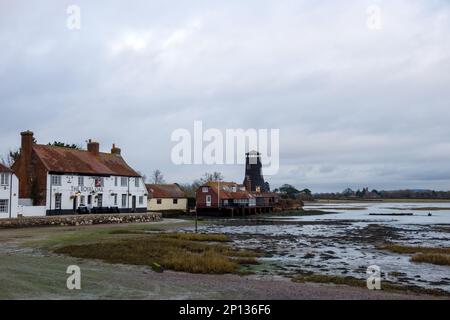 view of old historic mill and The Royal Oak Pub at Langstone Harbour Stock Photo