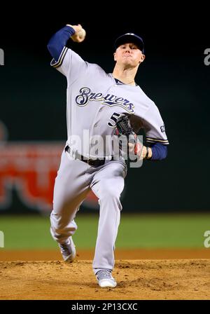 05 August 2016: Milwaukee Brewers Shortstop Orlando Arcia (3) gets his  first MLB hit and RBI single [10779] during a game between Milwaukee Brewers  and the Arizona Diamondbacks at Chase field. (Photo