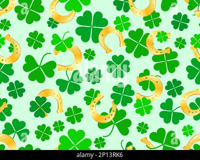 Seamless pattern with clover leaves and horseshoes for St. Patrick's Day. Clover leaves and a horseshoe are a traditional symbol of good luck and happ Stock Vector