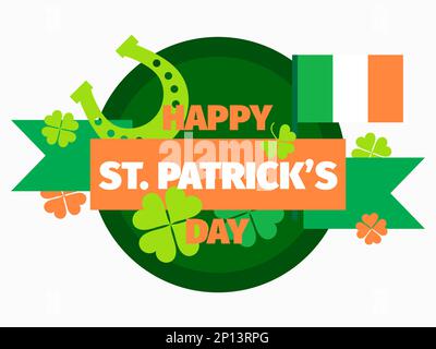 Happy St. Patrick's Day banner with clover, ribbon, horseshoe and Ireland flag isolated on white background. Design for greeting card, promotional mat Stock Vector