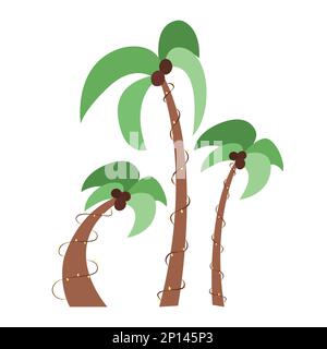 Summer set of palm trees with garlands on the trunks. Collection of exotic tropical flat illustration of plants. Bright lights on tree. Coconuts grow Stock Vector