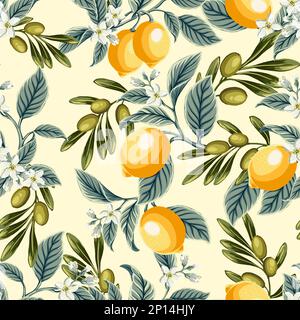 lemon slices, olives and olive branch Set of hand drawn botanica Lemon seamless pattern . Lemons and olives colorful pattern in hand drawn doodle styl Stock Vector