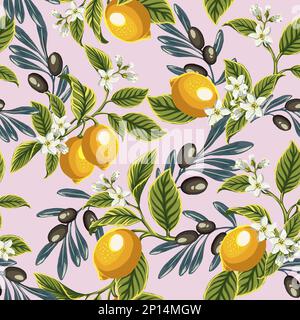 lemon slices, olives and olive branch Set of hand drawn botanica Lemon seamless pattern . Lemons and olives colorful pattern in hand drawn doodle styl Stock Vector