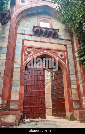 humayun tomb entrance gate view at misty morning from unique perspective Stock Photo