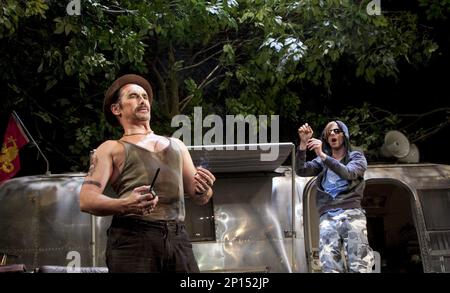 l-r: Mark Rylance (Johnny 'Rooster' Byron), Mackenzie Crook (Ginger) in JERUSALEM by Jez Butterworth at the Apollo Theatre, London W1  10/02/2010  a Royal Court 2009 production  design: Ultz  lighting: Mimi Jordan Sherin  director: Ian Rickson Stock Photo