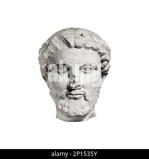 Antique classic greek philosopher head isolated front view, black and white limestone bearded man head with a wreath of leaves Stock Photo