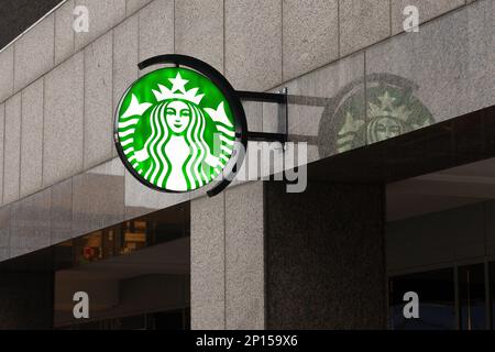 Toronto, ON, Canada – December 19, 2022: Starbucks Corporation is an American multinational chain of coffeehouses and roastery reserves headquartered Stock Photo