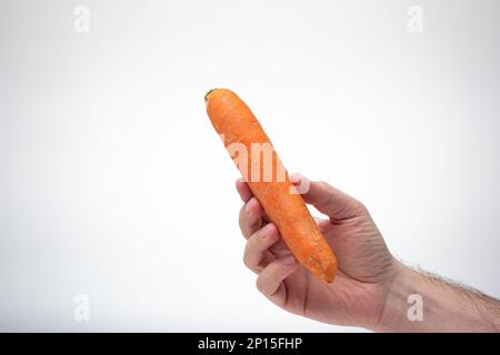 Ripe orange carrot held in hand by Caucasian male. Close up studio shot, isolated on white background. Stock Photo