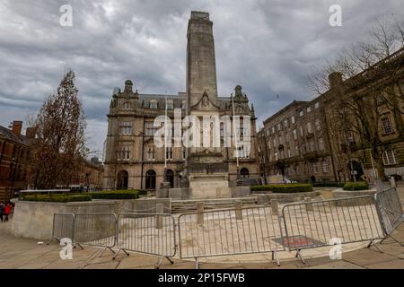 02.03.2023 Preston, Lancashire, Uk. The Preston Cenotaph stands in Market Square, Preston, Lancashire, England, and is a monument to soldiers from Pre Stock Photo
