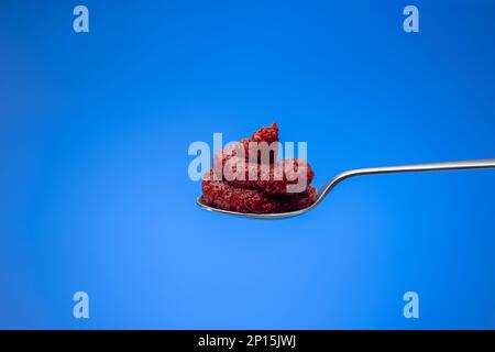 Red tomato concentrate paste in a small spoon. Close up studio shot, isolated on blue background. Stock Photo
