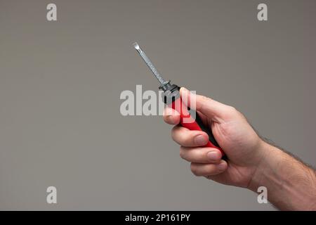 Caucasian male hand holding a red plastic handle screwdriver isolated on gray background. Stock Photo