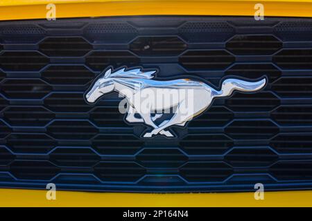 Russia, SOCHI, May 10, 2022 : close-up of the Ford Mustang logo on the front grille of the car Stock Photo