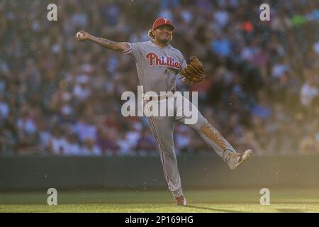 Philadelphia Phillies shortstop Freddy Galvis (13) prepares for the game  against the Colorado Rockies, July 10, 2016 in Denver. (Margaret Bowles via  AP Images Stock Photo - Alamy