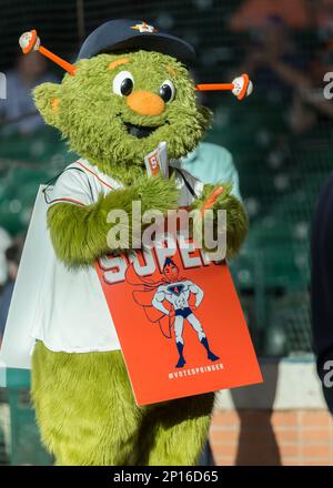 25 July, 2016: Houston Astros mascot Orbit teased the New York Yankees  players during the MLB game between the New York Yankees and Houston Astros  at Minute Maid Park in Houston, Texas. (