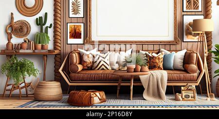 Stylish scandinavian living room with design mint sofa, furnitures, mock up  poster map, plants and elegant personal accessories. Modern home decor. Br  Stock Photo - Alamy