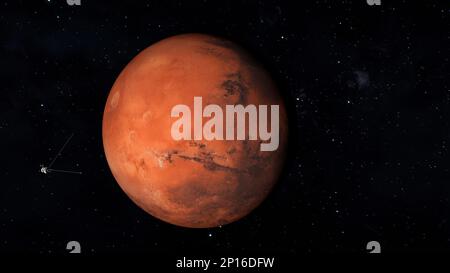 Red planet Mars in outer space and spaceship flying near Stock Photo