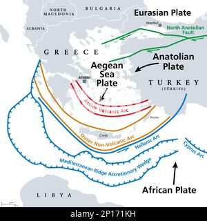 Aegean Sea Plate and Hellenic Arc, gray tectonic map. Aegean or also Hellenic Plate, a small tectonic plate, located in the eastern Mediterranean Sea. Stock Photo