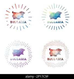 Bulgaria low poly sunburst set. Logo of country in geometric polygonal style. Vector illustration. Stock Vector