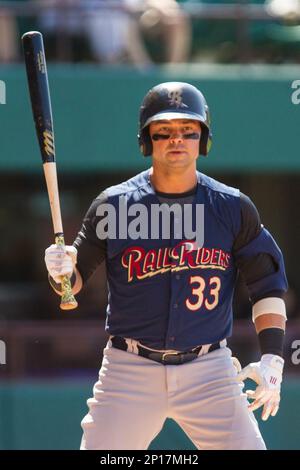 June 26, 2016; Pawtucket, RI, USA; Scranton/Wilkes-Barre RailRiders right  fielder Aaron Judge (99) on the batters deck during an MiLB game between  the Scranton Wilkes-Barre RailRiders and Pawtucket Red Sox at McCoy