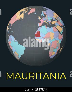World map centered on Mauritania. Red country highlighted. Satellite world view centered on the country with name. Vector Illustration. Stock Vector