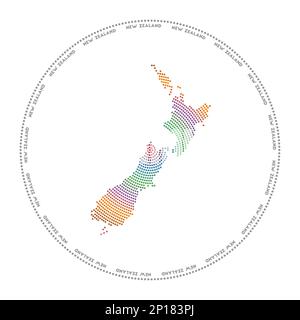 New Zealand round logo. Digital style shape of New Zealand in dotted circle with country name. Tech icon of the country with gradiented dots. Stock Vector