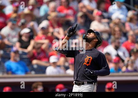 Detroit Tigers' Riley Greene celebrates after hitting a solo home